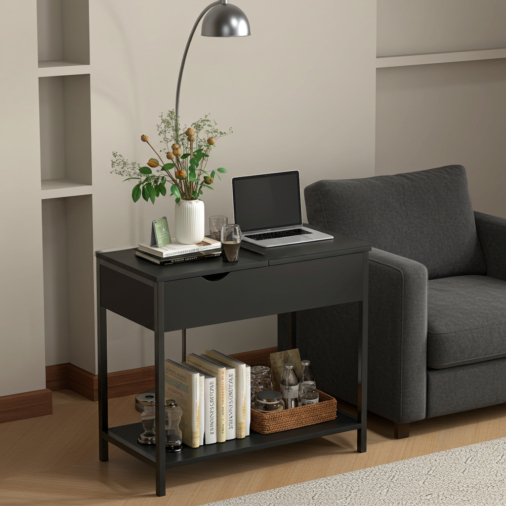 Solara Versatile Side Console Table Desk with Drawer & Shelf (Black)