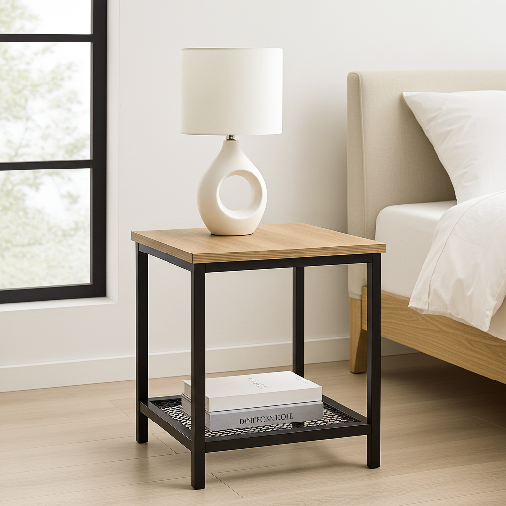 Loft Rustic Oak Industrial Wood & Steel Side Table with Storage Shelf