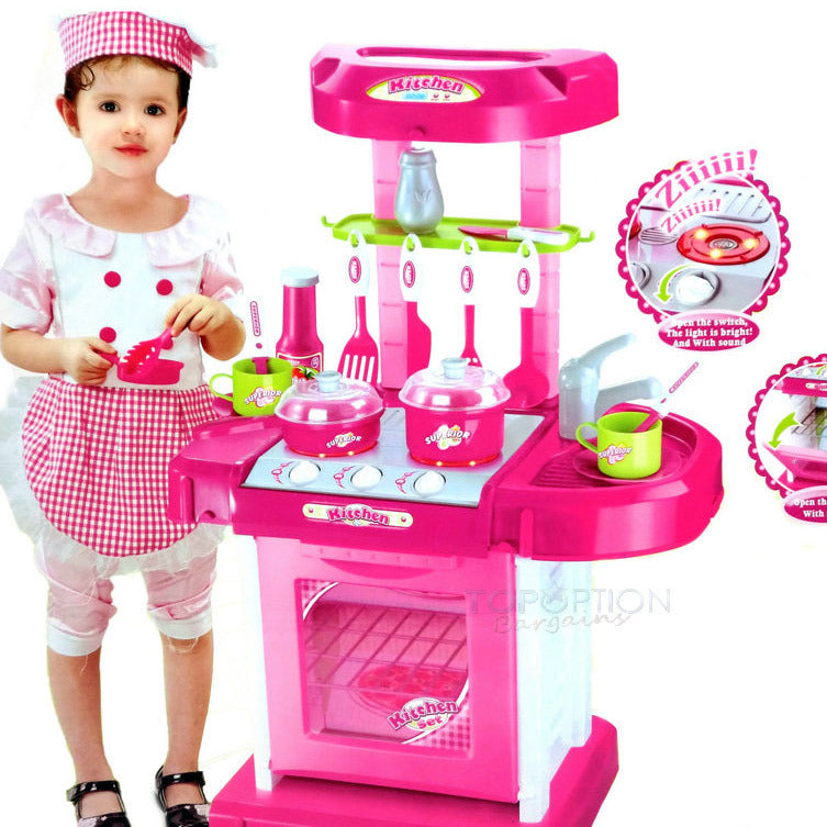 Kids Pretend Play Realistic Play Kitchen Toy Set with Lights & Sounds - Pink - grandhubs.shop