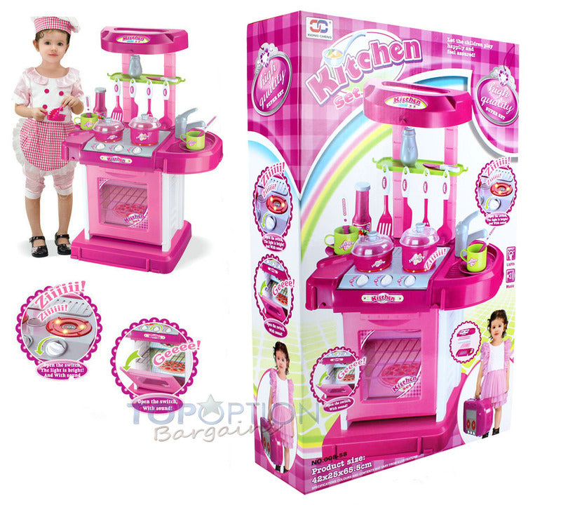 Kids Pretend Play Realistic Play Kitchen Toy Set with Lights & Sounds - Pink - grandhubs.shop