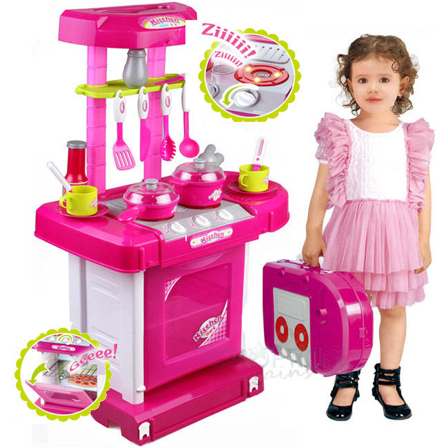 Kids Pretend Play Realistic Play Kitchen Toy Set with Lights & Sounds - Pink - grandhubs.shop