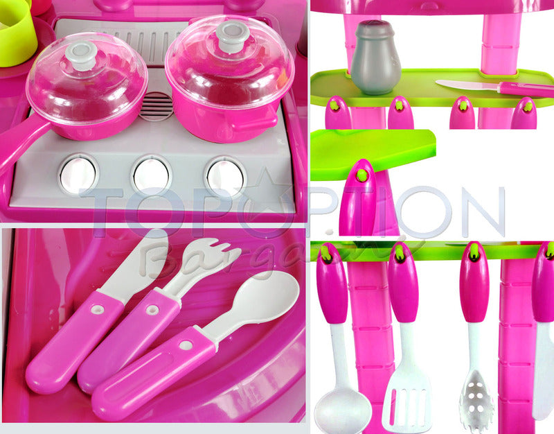 Kids Pretend Play Realistic Play Kitchen Toy Set with Lights & Sounds - Pink - grandhubs.shop