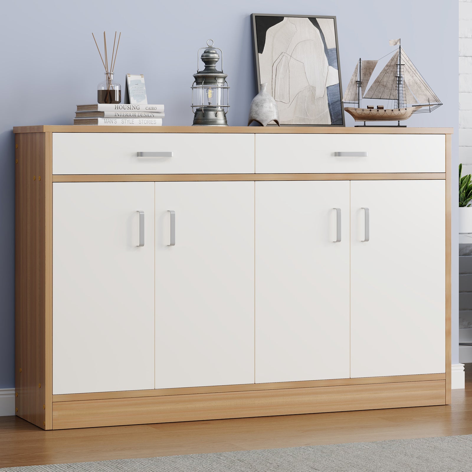 Elements 4-Door Double Buffet Shoe Storage Cabinet (Oak & White) - grandhubs.shop