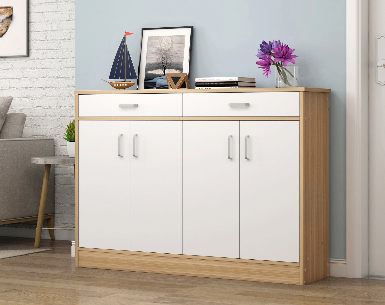 Elements 4-Door Double Buffet Shoe Storage Cabinet (Oak & White) - grandhubs.shop