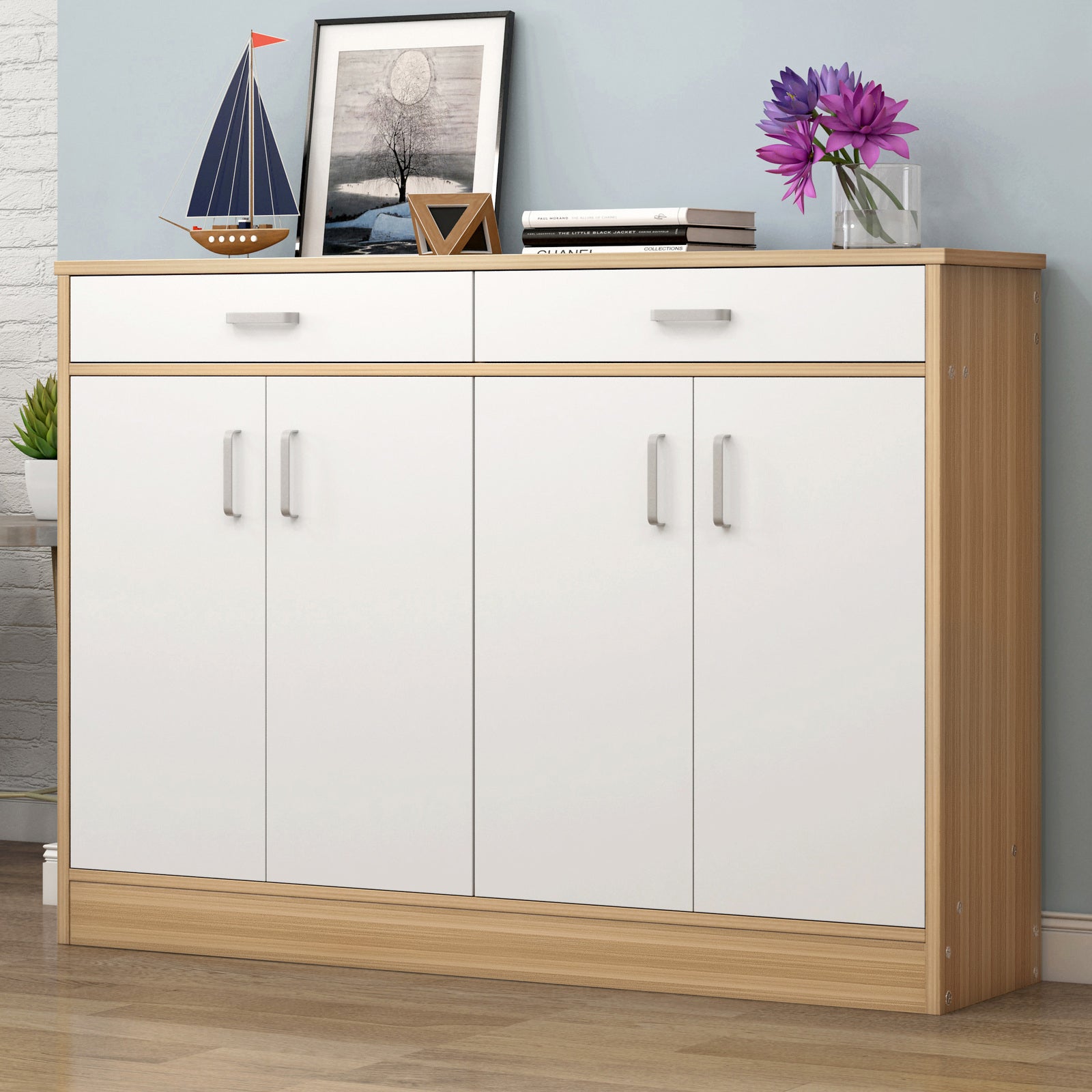 Elements 4-Door Double Buffet Shoe Storage Cabinet (Oak & White) - grandhubs.shop