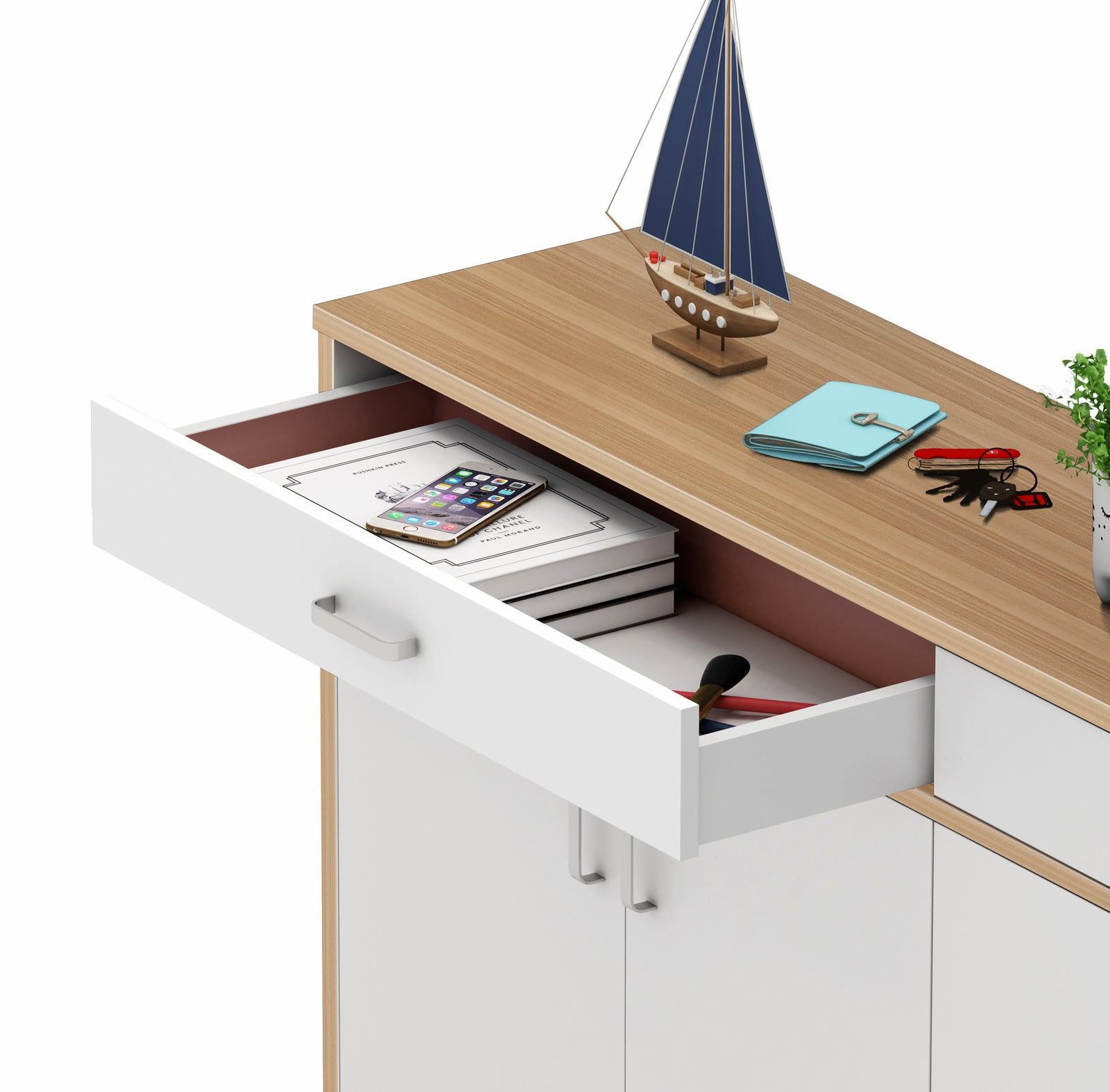 Elements 4-Door Double Buffet Shoe Storage Cabinet (Oak & White) - grandhubs.shop