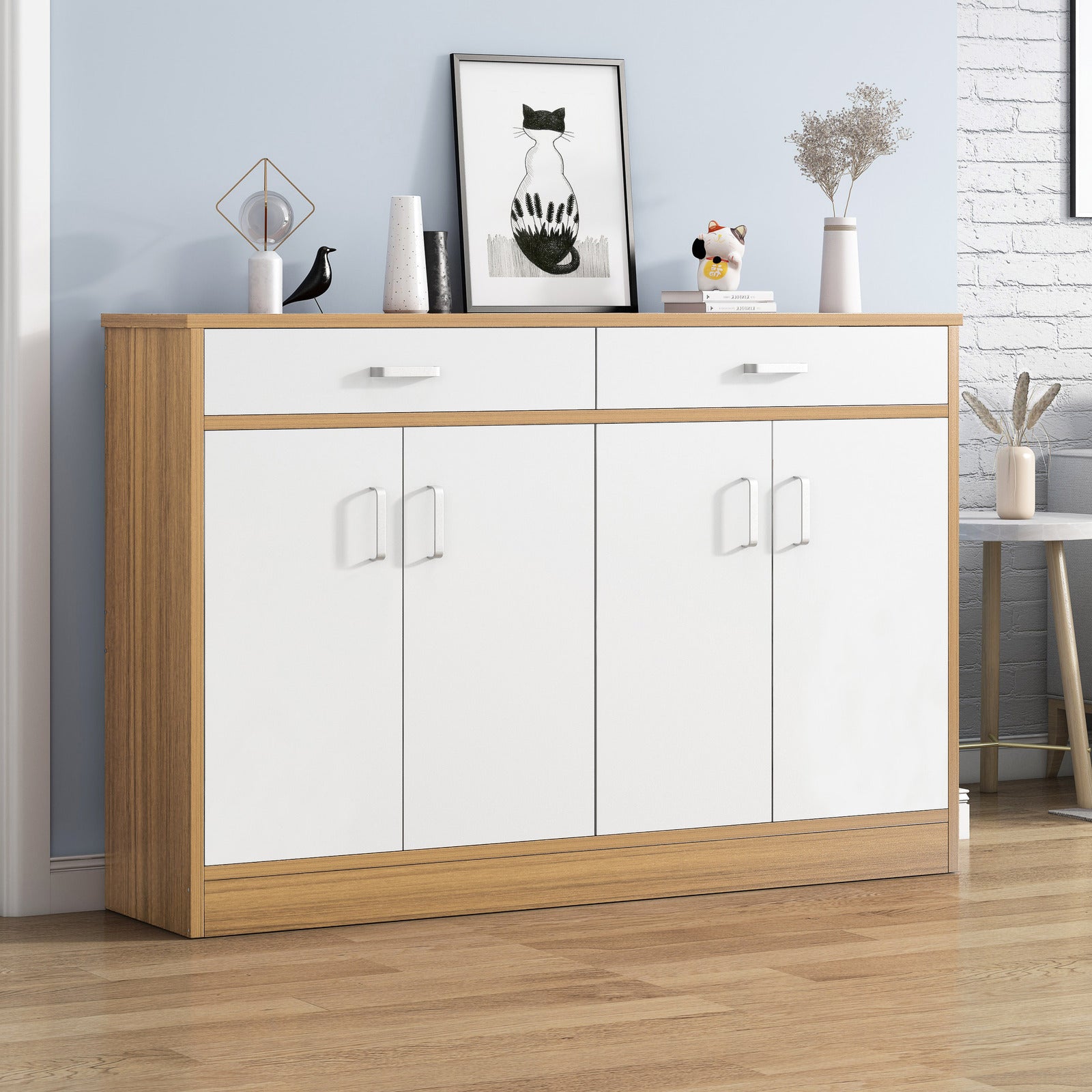 Elements 4-Door Double Buffet Shoe Storage Cabinet (Oak & White) - grandhubs.shop