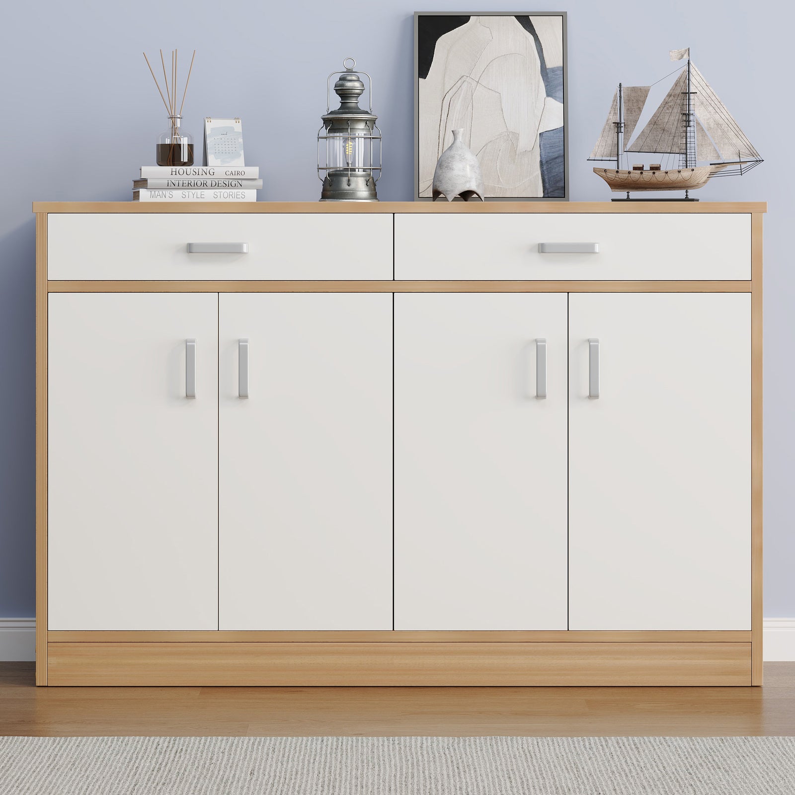Elements 4-Door Double Buffet Shoe Storage Cabinet (Oak & White) - grandhubs.shop
