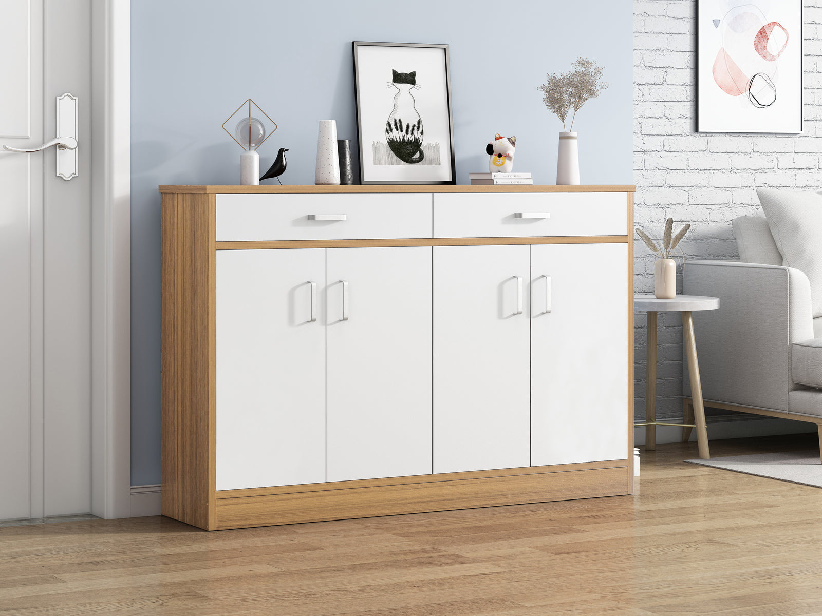 Elements 4-Door Double Buffet Shoe Storage Cabinet (Oak & White) - grandhubs.shop