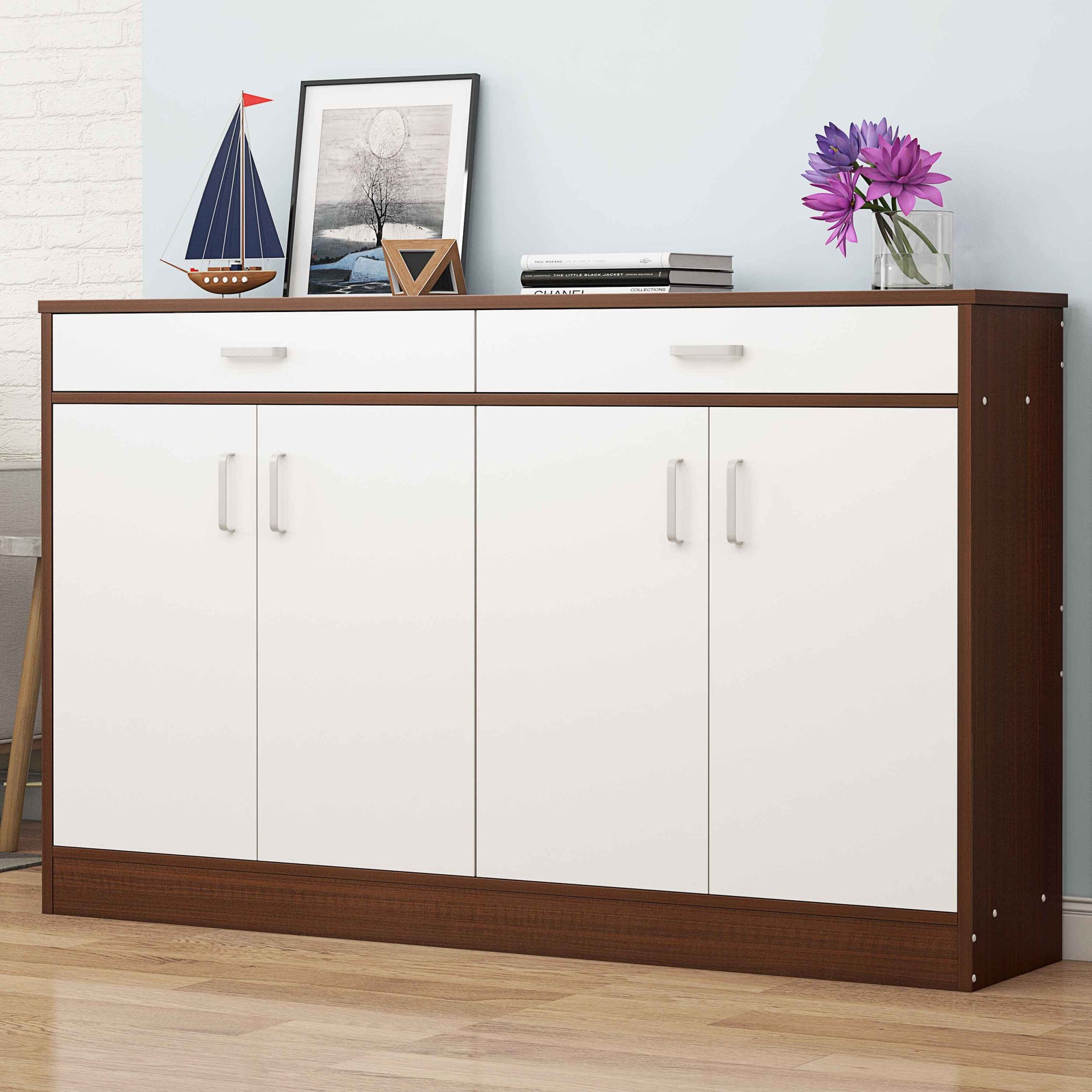 Elements 4-Door Double Buffet Shoe Storage Cabinet (Walnut & White) - grandhubs.shop