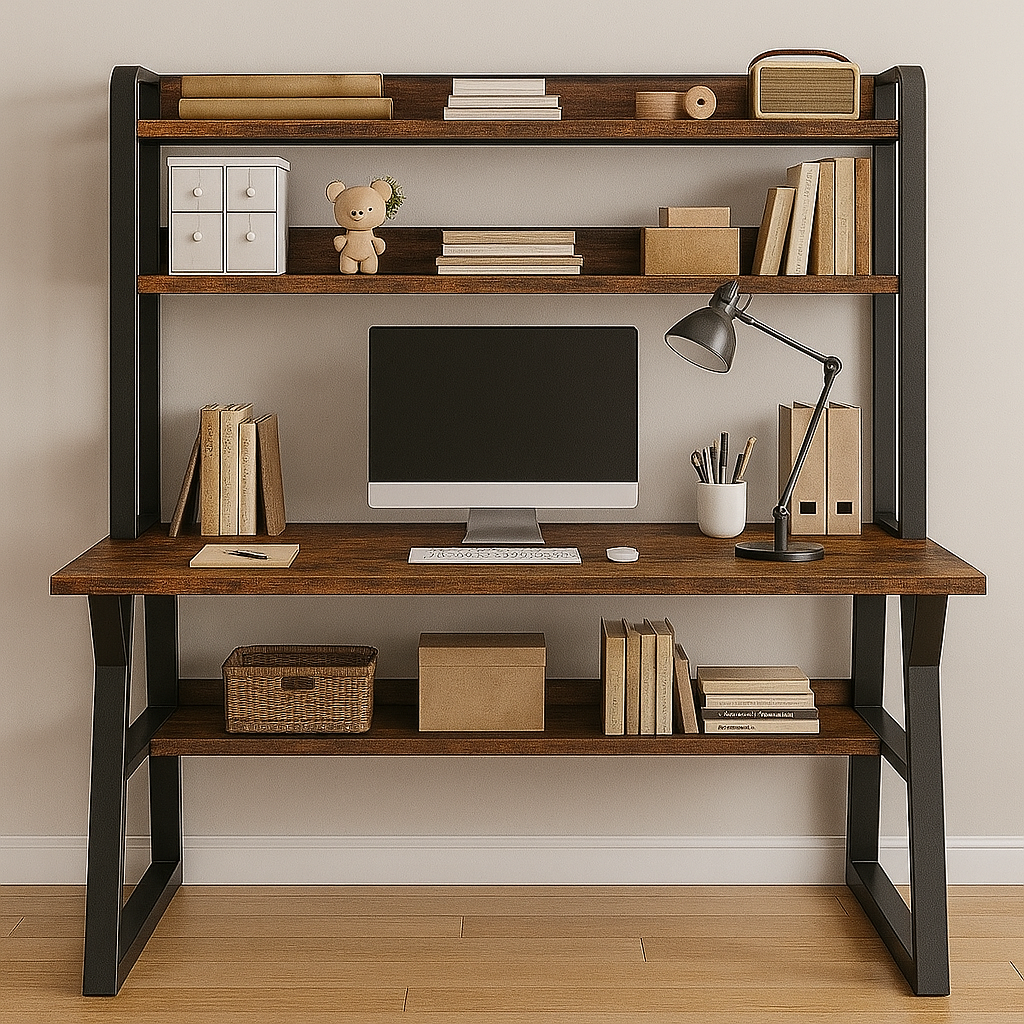 Aspire Large Industrial Office Computer Desk Workstation with Bookshelf (Rustic Wood)