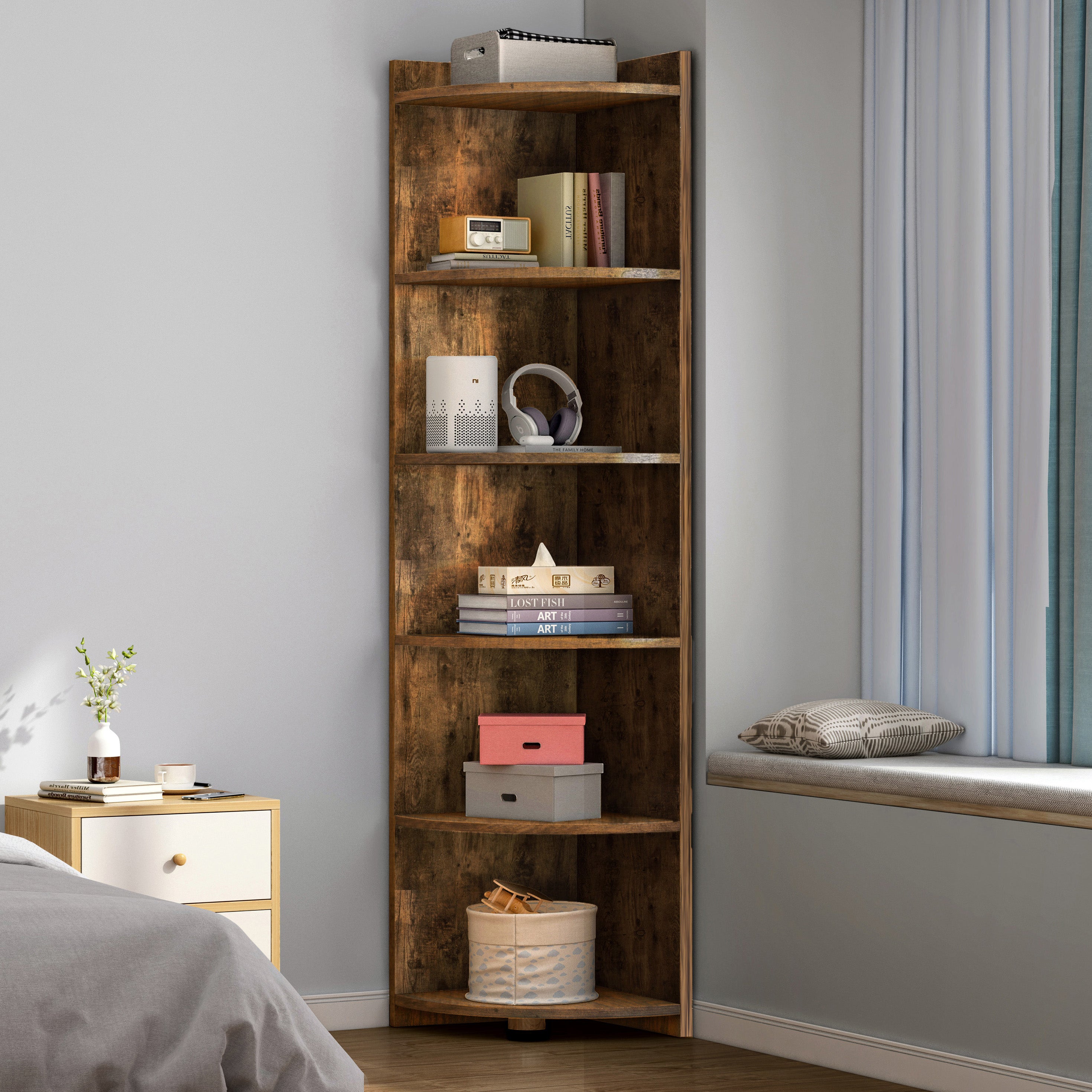 Inspire 6 Tier Large Stylish Rustic Wooden Corner Shelf Unit