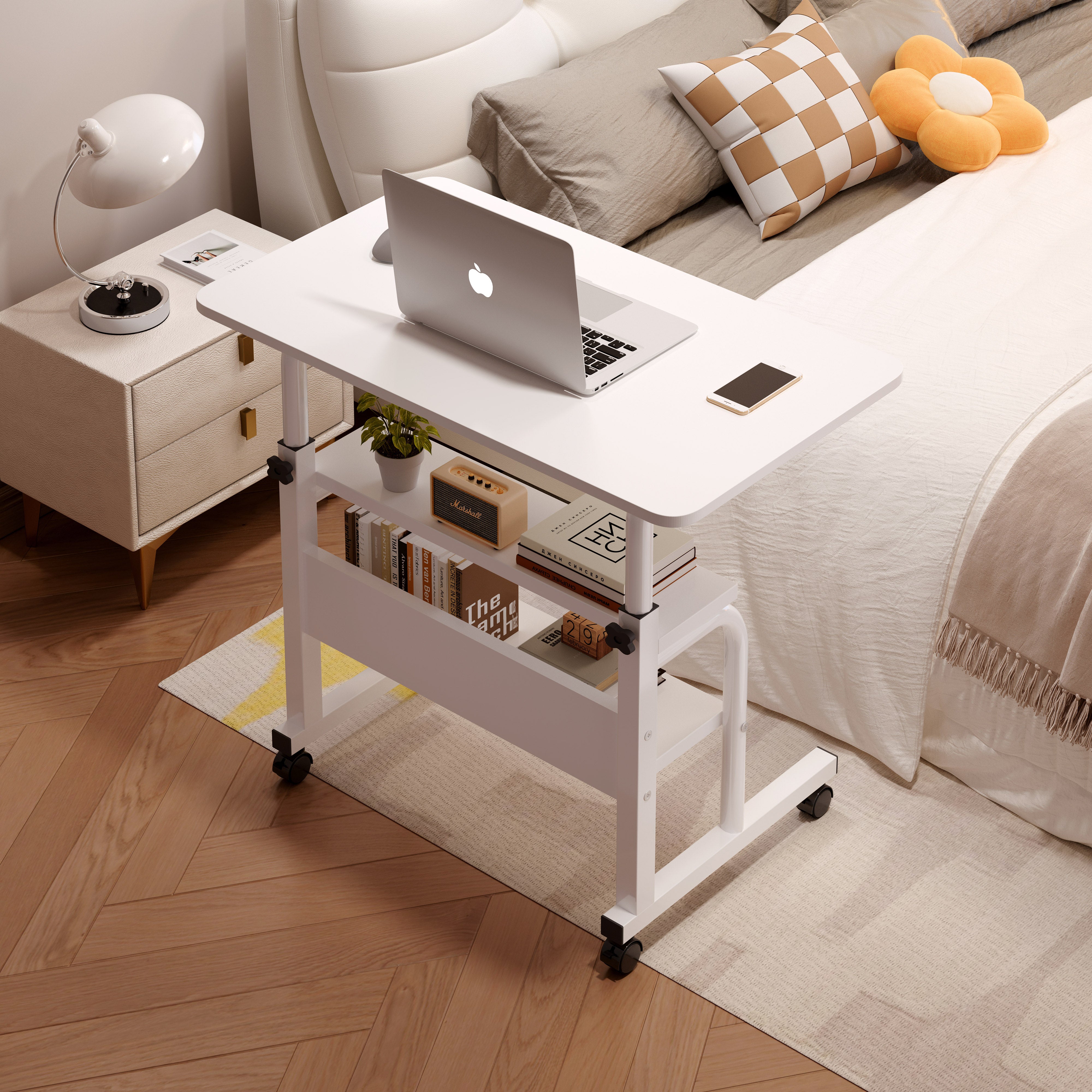 Calibre 2-tier Sofa Bed Side Table Laptop Desk with Shelves and Wheels (White)