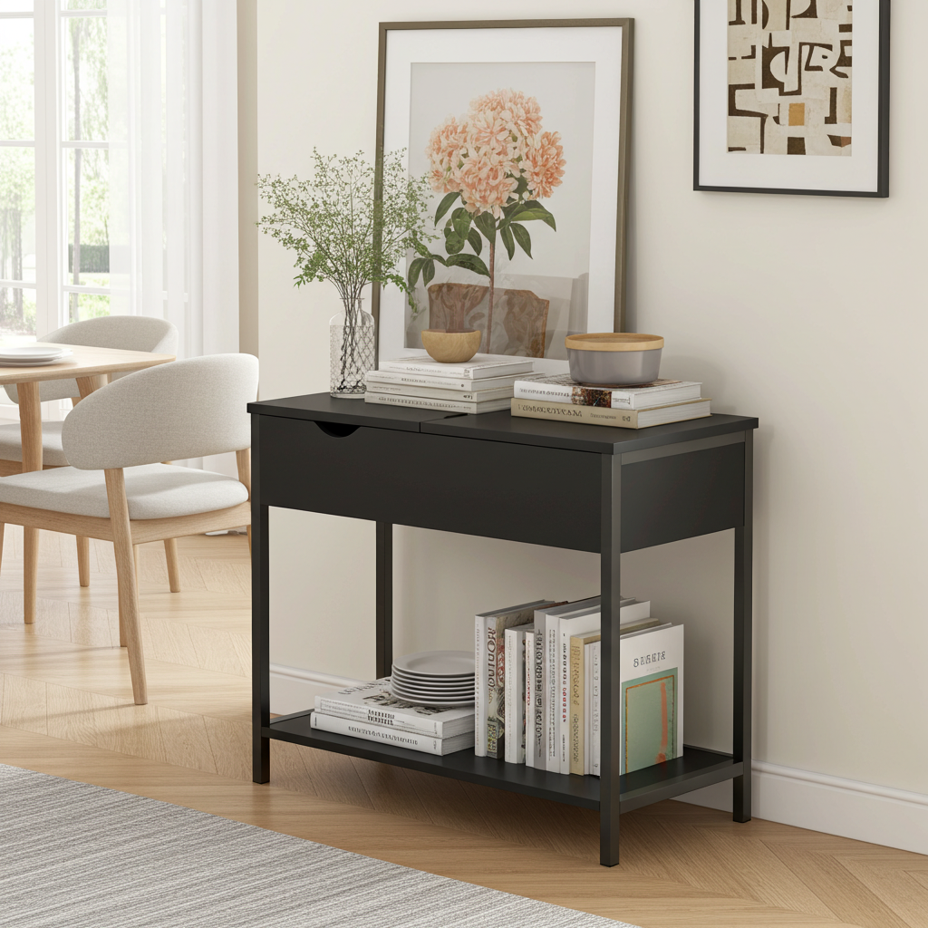 Solara Versatile Side Console Table Desk with Drawer & Shelf (Black)