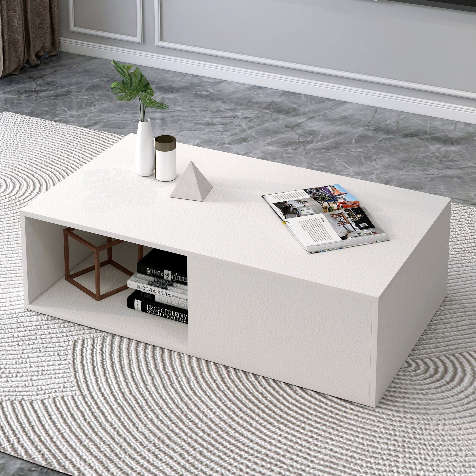 2-Piece Set Lusso Designer Wooden Coffee Table & 2m TV Cabinet (White) - grandhubs.shop