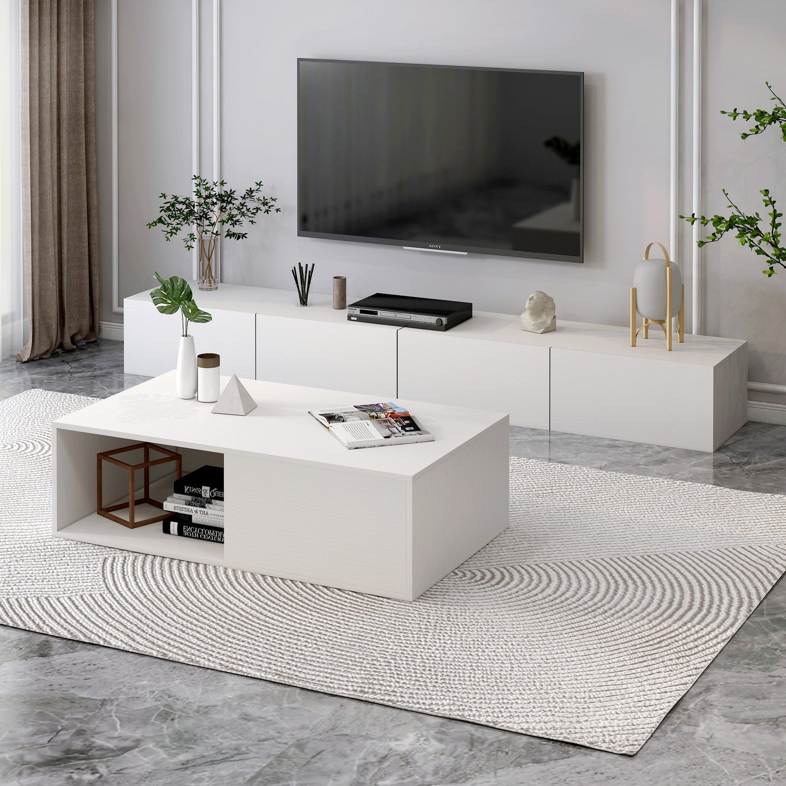 2-Piece Set Lusso Designer Wooden Coffee Table & 2m TV Cabinet (White) - grandhubs.shop