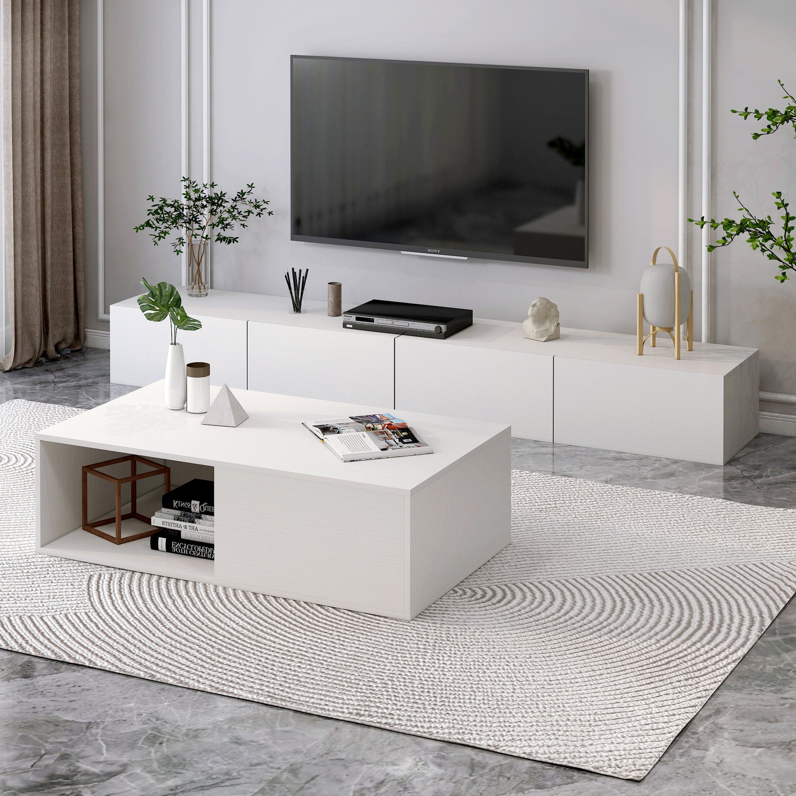 2-Piece Set Lusso Designer Wooden Coffee Table & 2m TV Cabinet (White) - grandhubs.shop