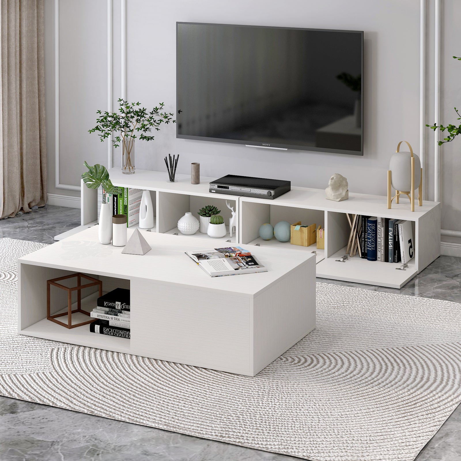 2-Piece Set Lusso Designer Wooden Coffee Table & 2m TV Cabinet (White) - grandhubs.shop