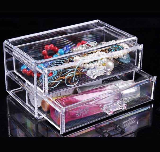 2- Drawer Crystal Cosmetic Organizer Clear Jewellery Box - grandhubs.shop