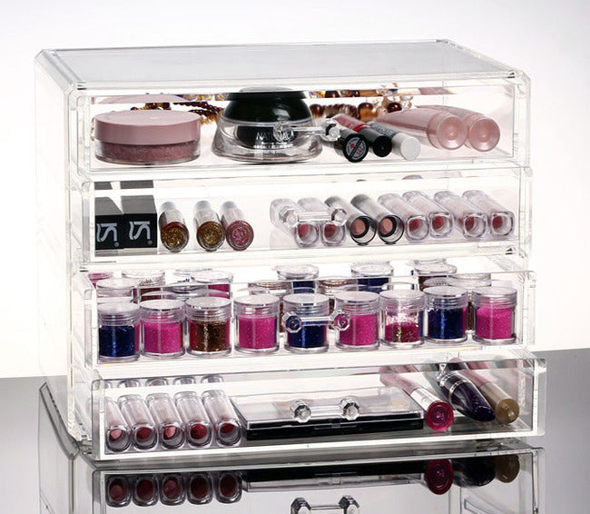 4 Large Drawers Crystal Clear Acrylic Cosmetic Makeup Display Organizer Storage Case - grandhubs.shop