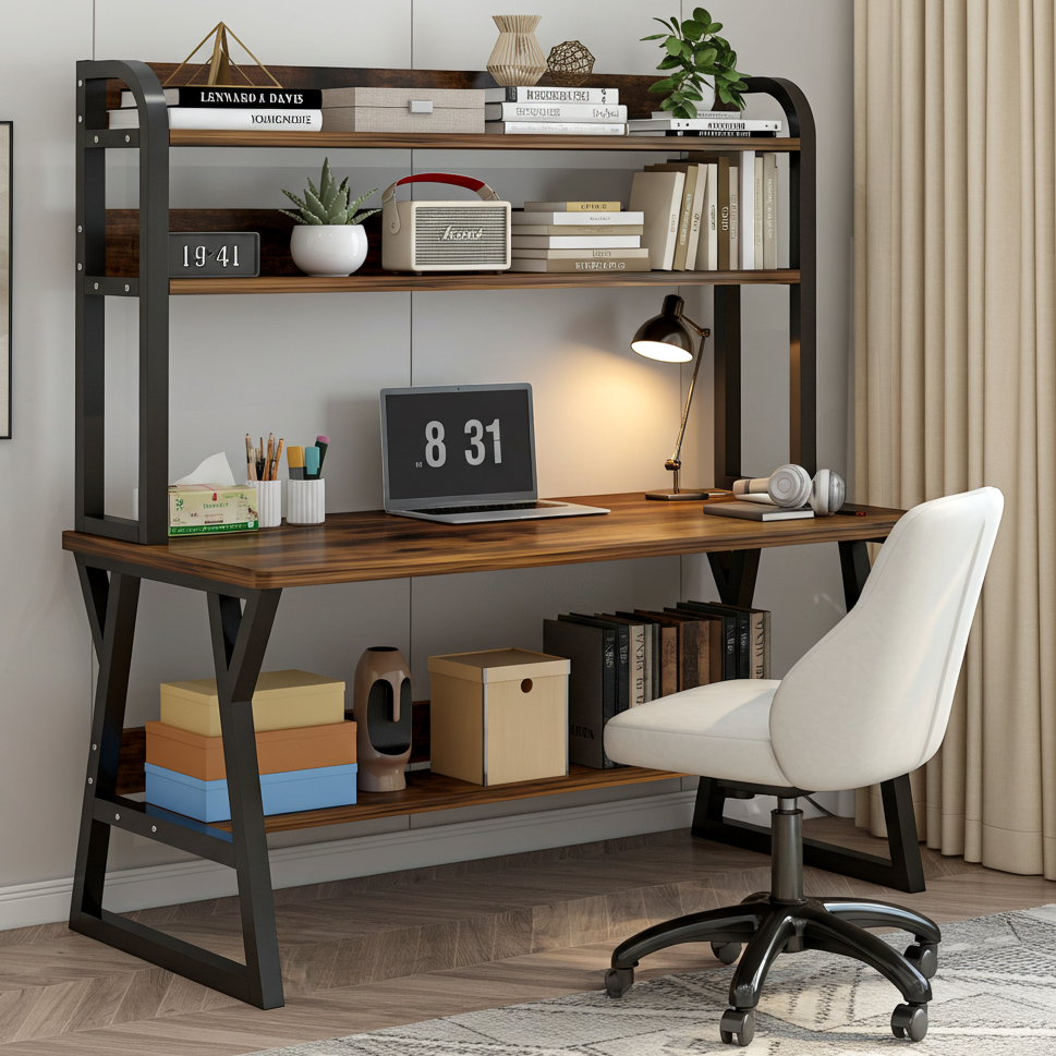 Aspire Large Industrial Office Computer Desk Workstation with Bookshelf (Rustic Wood)