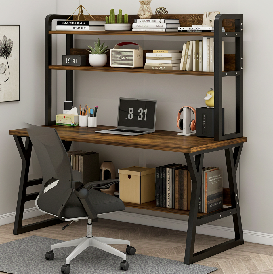 Aspire Large Industrial Office Computer Desk Workstation with Bookshelf (Rustic Wood)