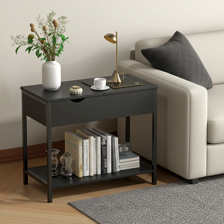 Solara Versatile Side Console Table Desk with Drawer & Shelf (Black)