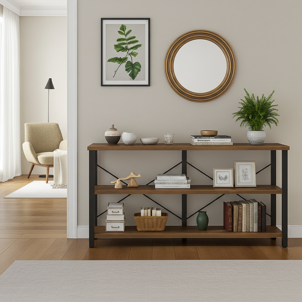 Serenity Rustic Industrial Console Table Bookcase TV Stand Storage Shelf Unit