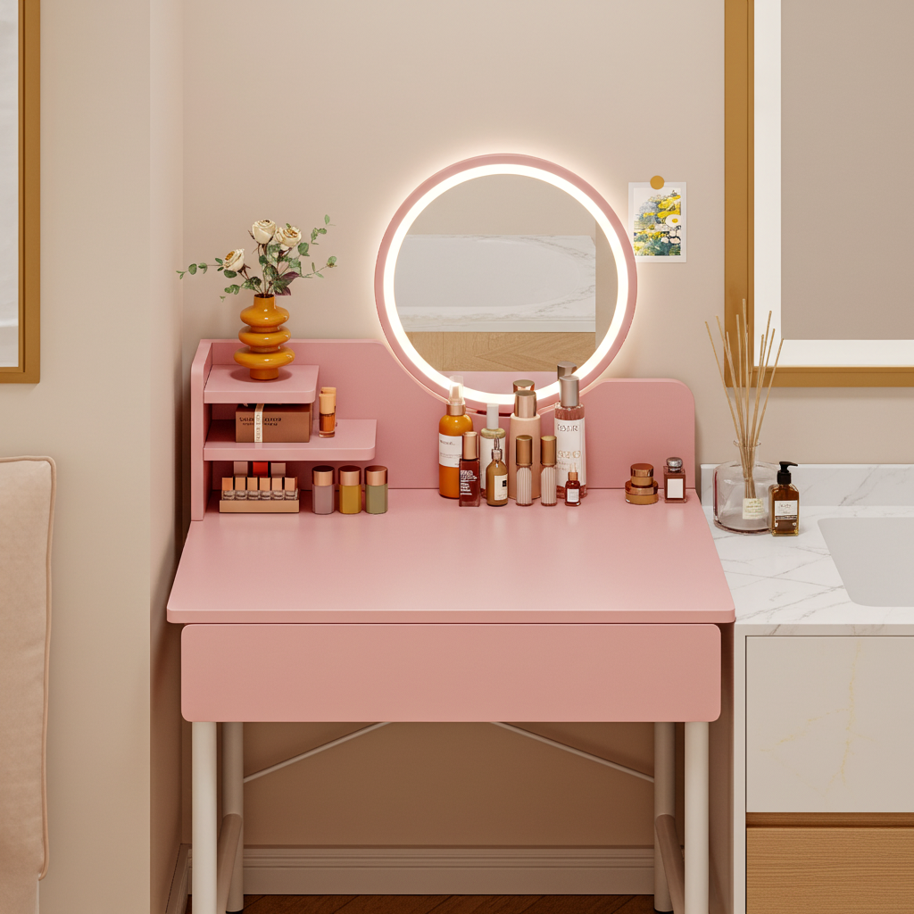 LED Luminous Mirror Makeup Vanity Dressing Table Pink Dresser with Drawer Storage