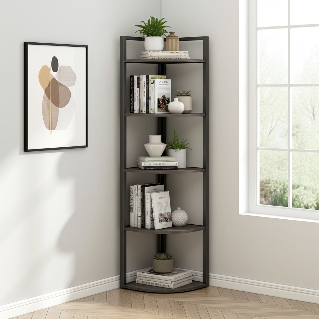 Optima 5 Tier Wood & Steel Corner Shelf Organizer Unit (Driftwood Grey)