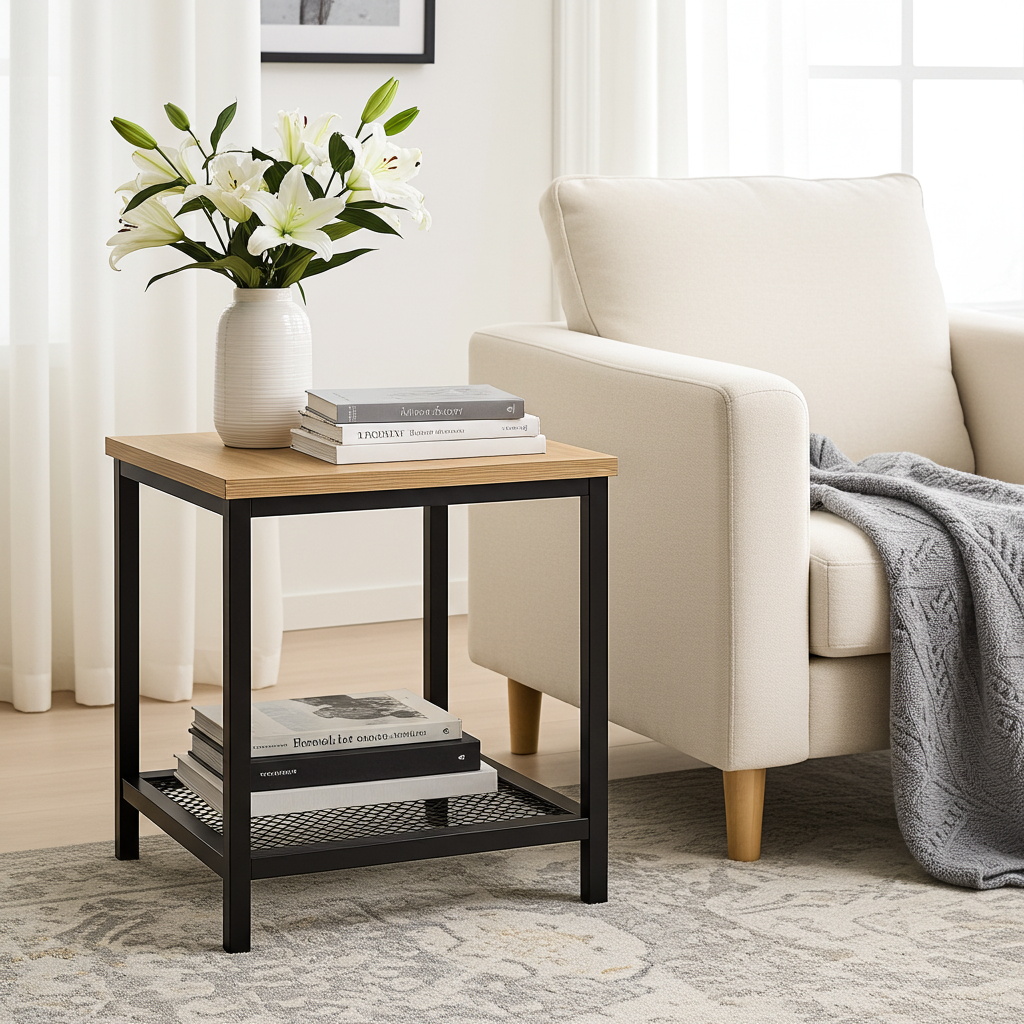 Loft Rustic Oak Industrial Wood & Steel Side Table with Storage Shelf