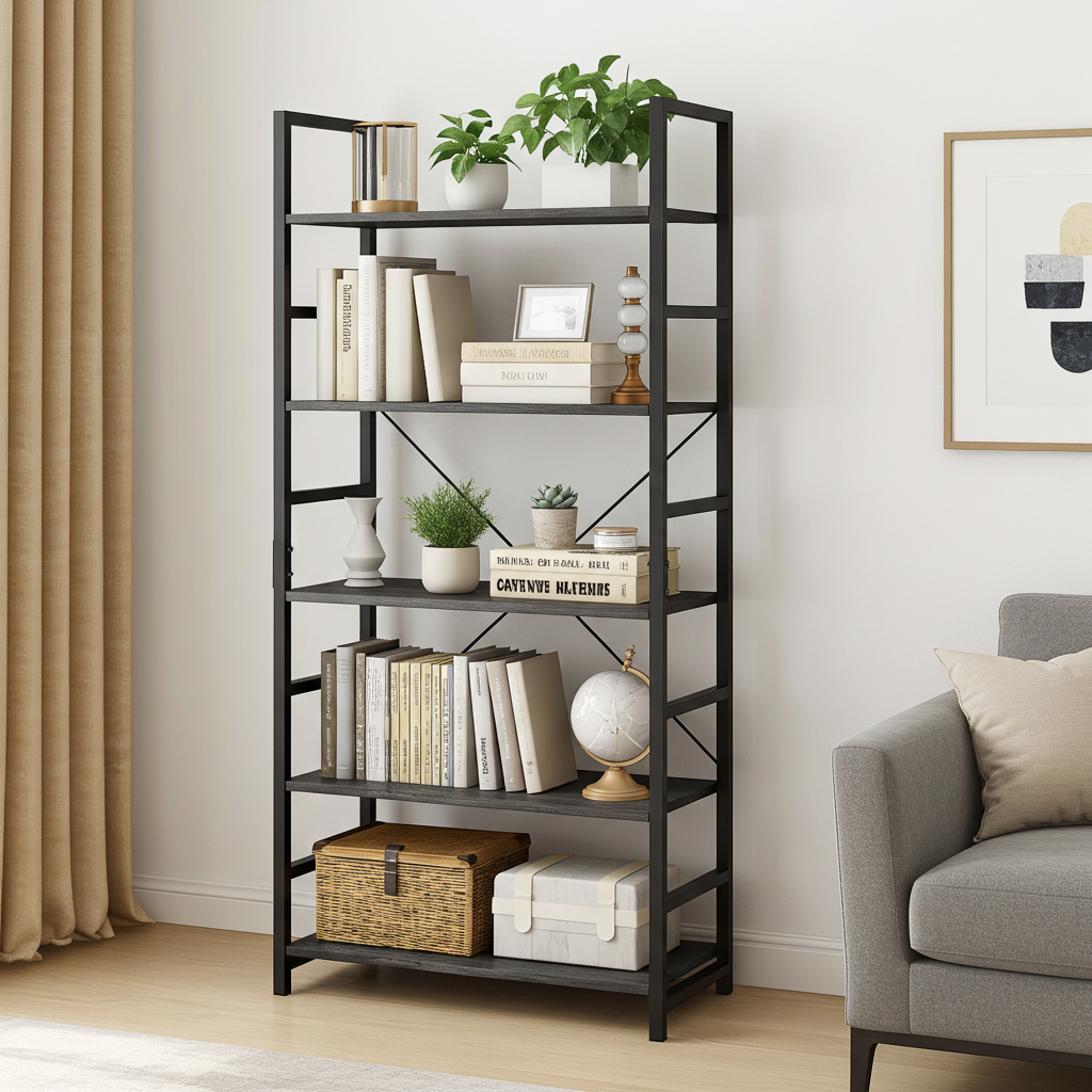 5 Tier Multifunction Heavy Duty Bookcase Wood & Steel Storage Shelf Organizer (Driftwood Grey)