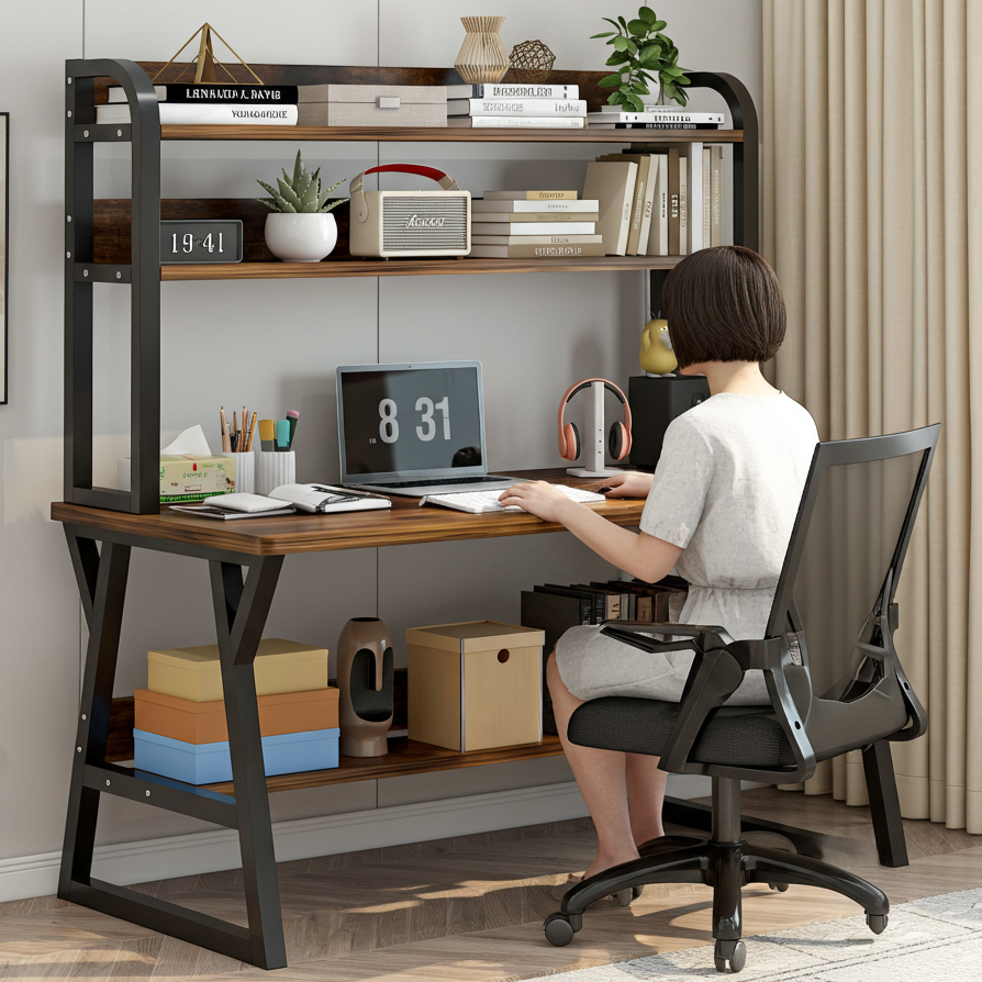 Aspire Large Industrial Office Computer Desk Workstation with Bookshelf (Rustic Wood)