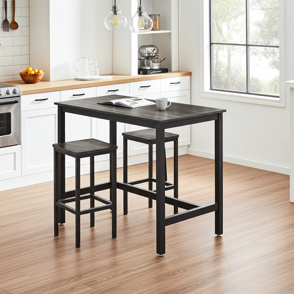 3 Piece Grandeur Premium Rustic Wood & Steel Bar Table and Stools Dinning Set (Driftwood Grey)