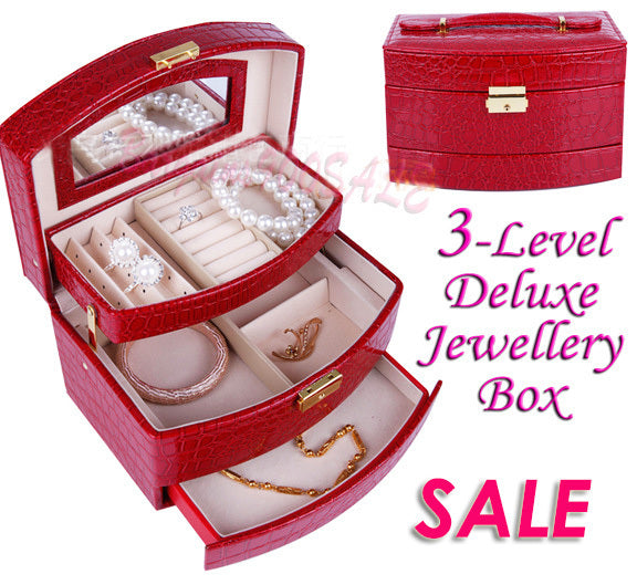 Large  Luxury PU Leather Jewellery Box Storage Case (Red) - grandhubs.shop
