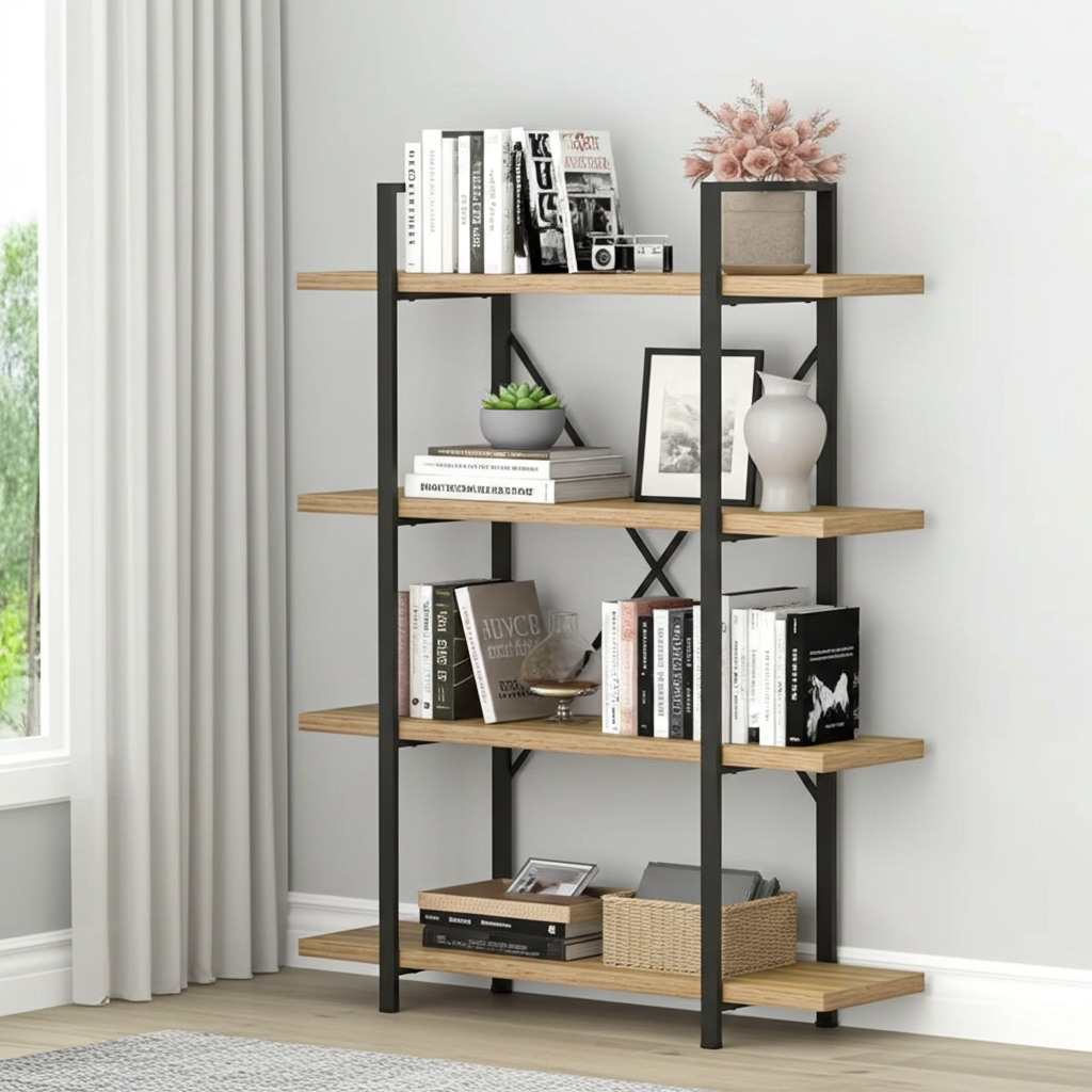 Envision Rustic Oak 4-Tier Bookcase Storage Shelf Organizer