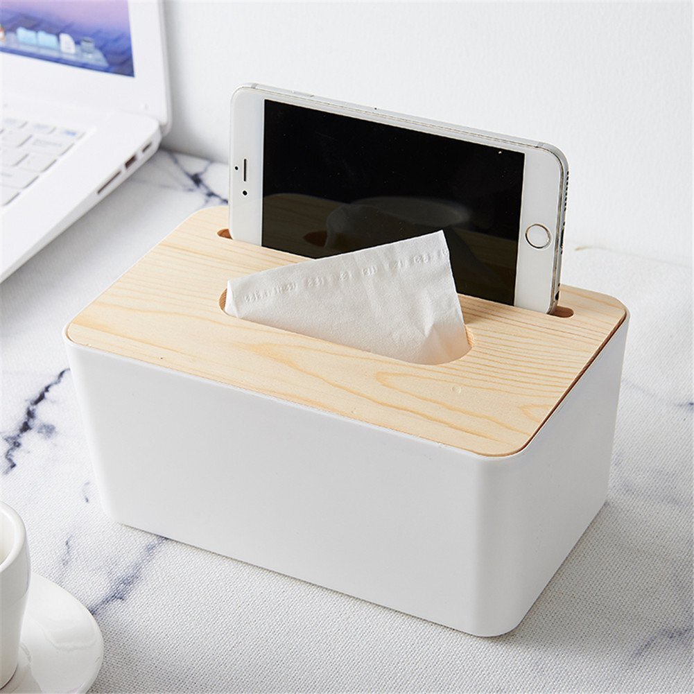 Multipurpose Tissue Box Holder Phone Stand Napkin Case Organizer with Removable Wooden Cover - grandhubs.shop