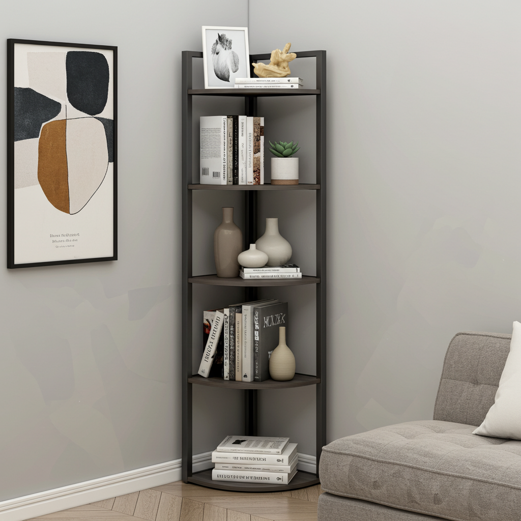 Optima 5 Tier Wood & Steel Corner Shelf Organizer Unit (Driftwood Grey)