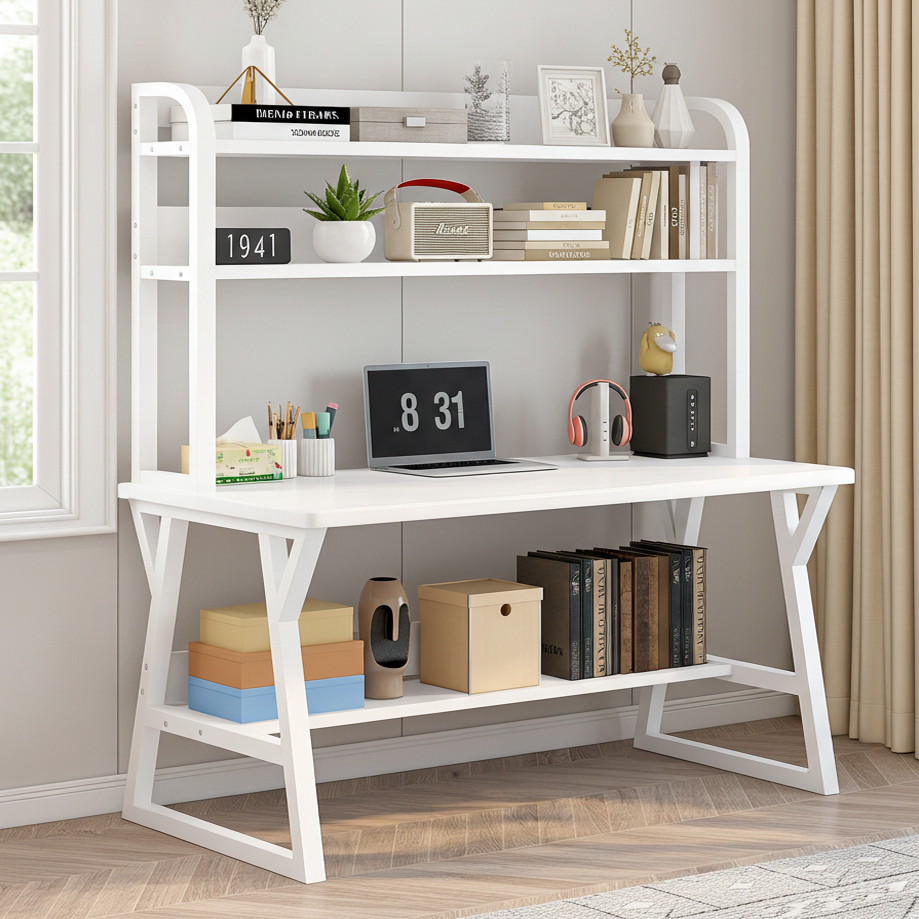 Aspire Large Industrial Office Computer Desk Workstation with Bookshelf (White)