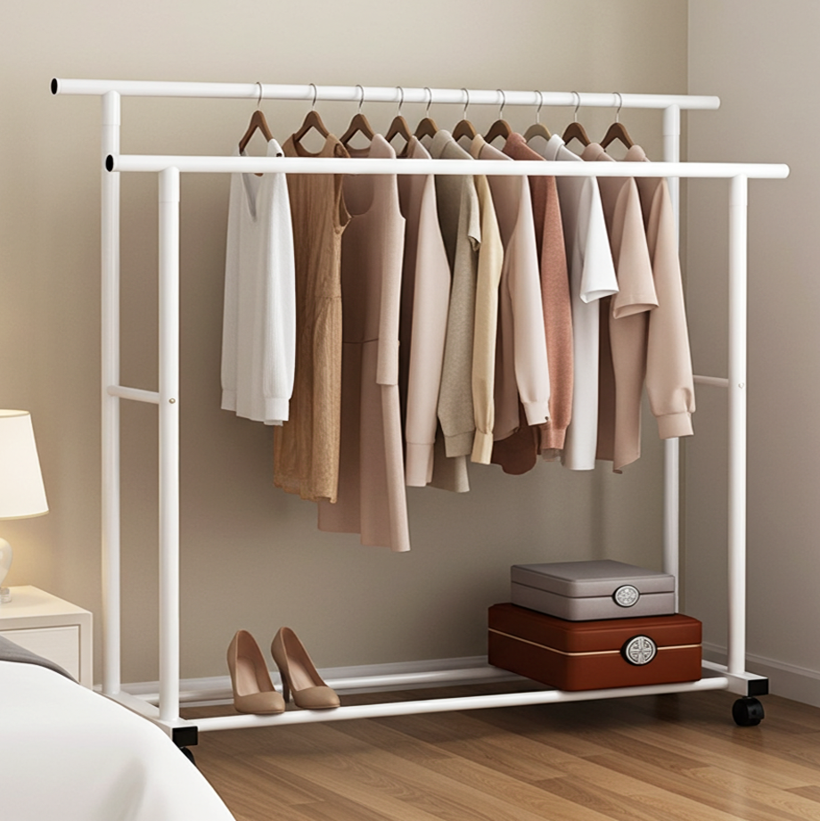 Large 1.5m Wide Double Coat Hanging Stand Wardrobe Clothes Hanger Rack (White)