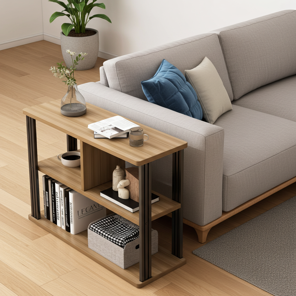 Icon Wood and Steel Sofa Side Table with Shelves (Oak)