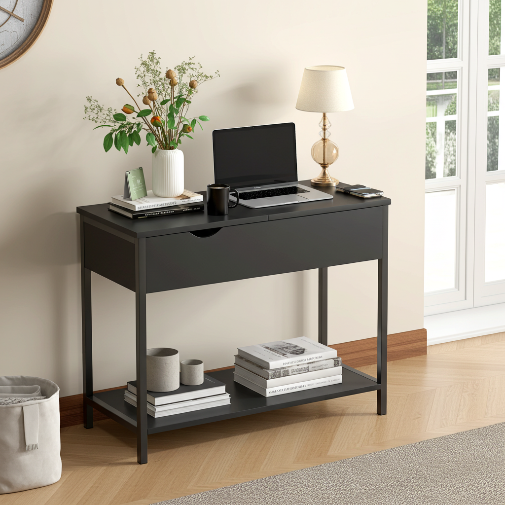 Solara Versatile Side Console Table Desk with Drawer & Shelf (Black)