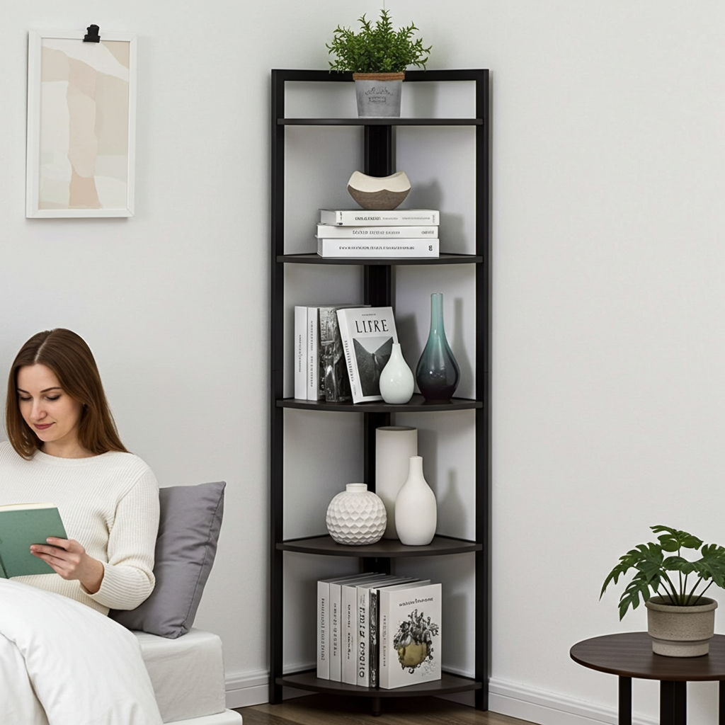 Optima 5 Tier Wood & Steel Corner Shelf Organizer Unit (Black)