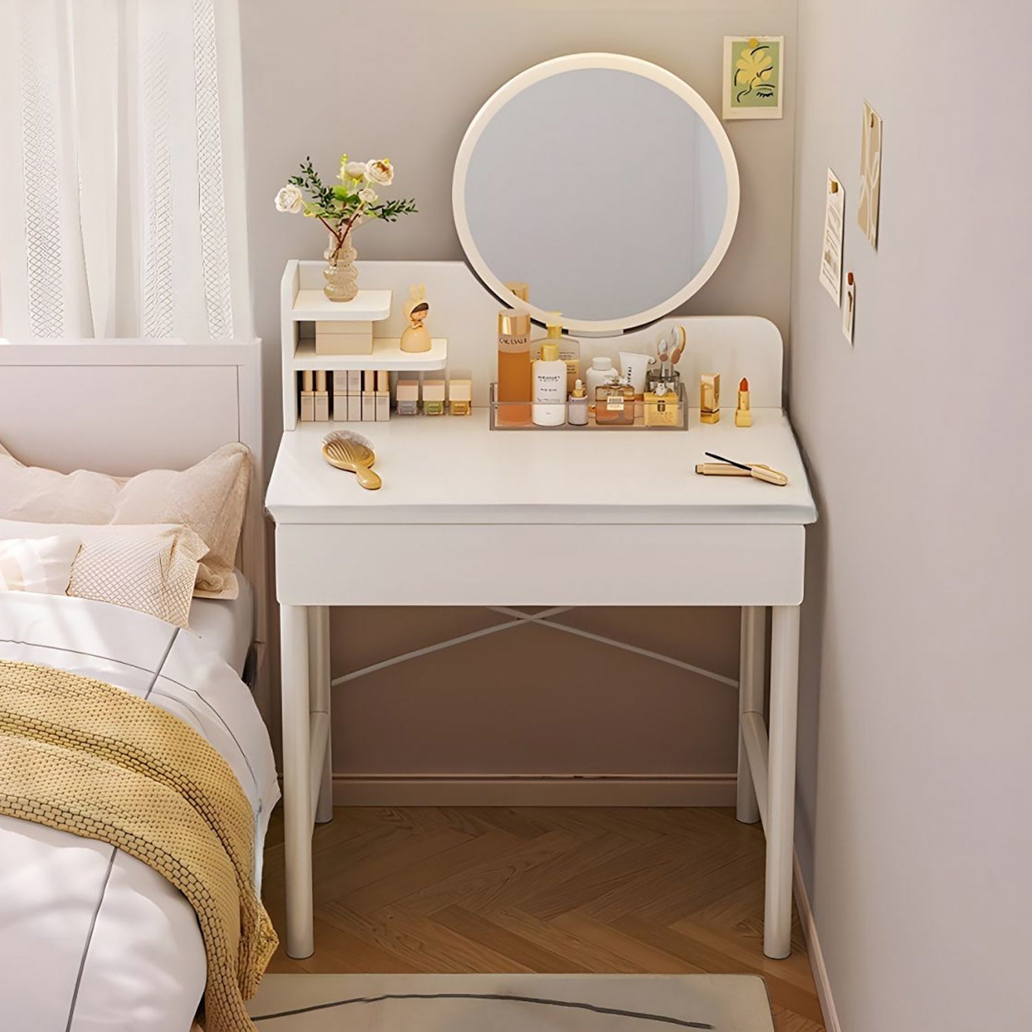 Luxe Dresser Makeup Vanity Dressing Table with Round Mirror Drawer White