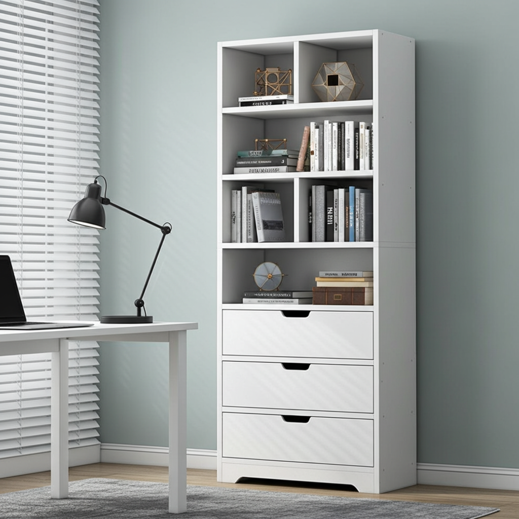 Luna 1.8m Tall Shelf Cupboard Bookshelf Wardrobe with Drawers (White)