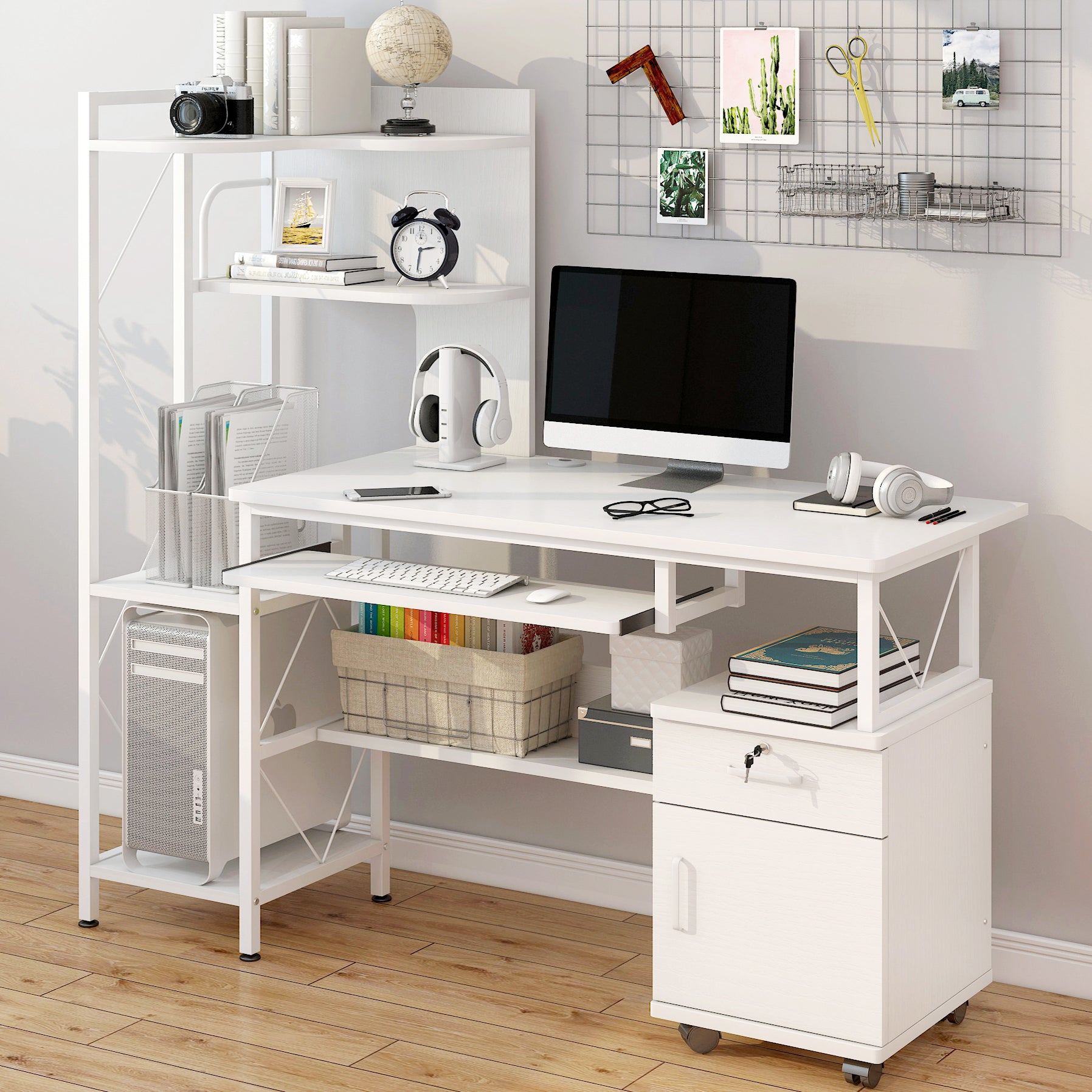 Prime Multi-function Computer Desk Workstation with Shelves & Cabinet (White)