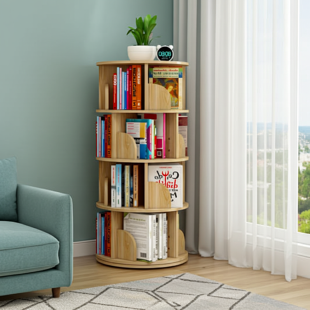 Sanctuary 360-degree Rotating 4 Tier Display Shelf Bookcase Organiser (Oak)