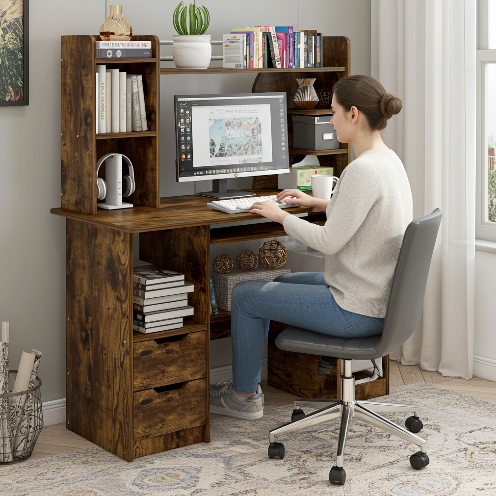 Expert Computer Desk Workstation with Shelf & Cabinet (Rustic Wood)