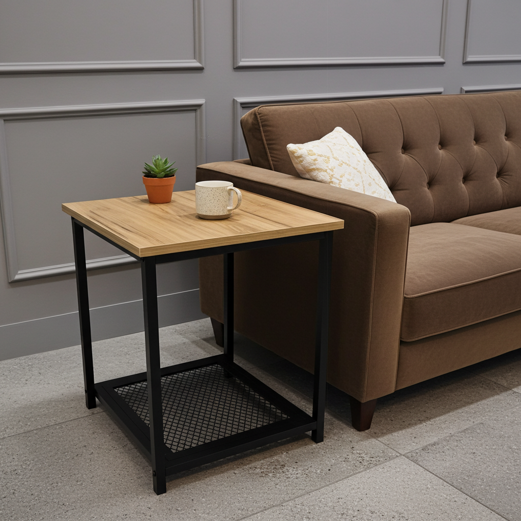 Loft Rustic Oak Industrial Wood & Steel Side Table with Storage Shelf