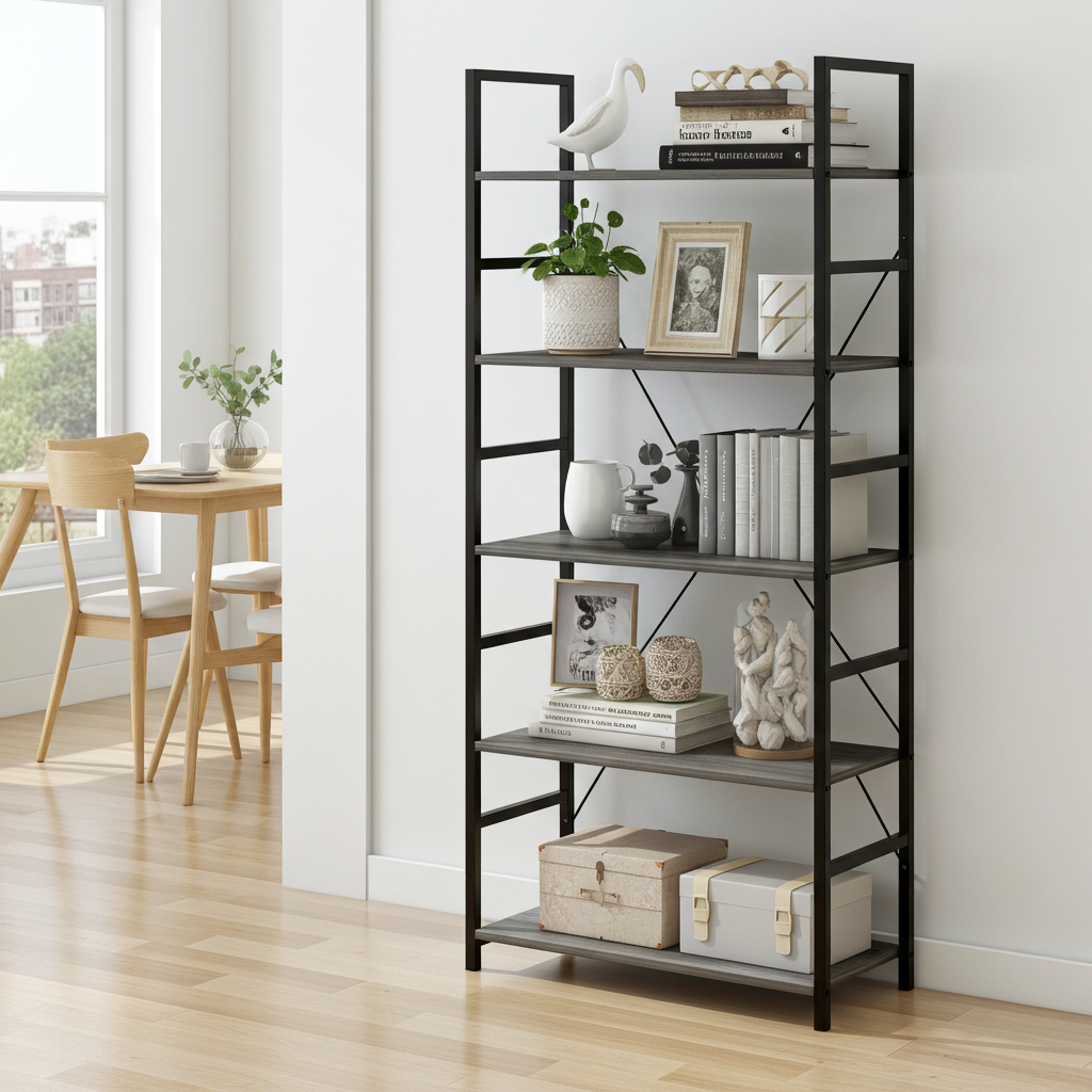 5 Tier Multifunction Heavy Duty Bookcase Wood & Steel Storage Shelf Organizer (Driftwood Grey)